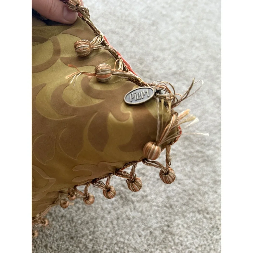 Pier 1 Floral Throw Pillow accent Decorative Gold Damask‎ Ball Fringe 18